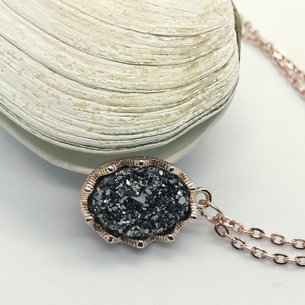 Glittery Gray Druzy Pendant in Gold Setting